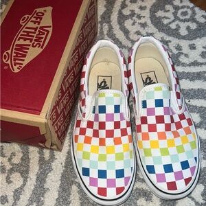Vans Slip-On Rainbow Checkerboard Sneakers - White Multi